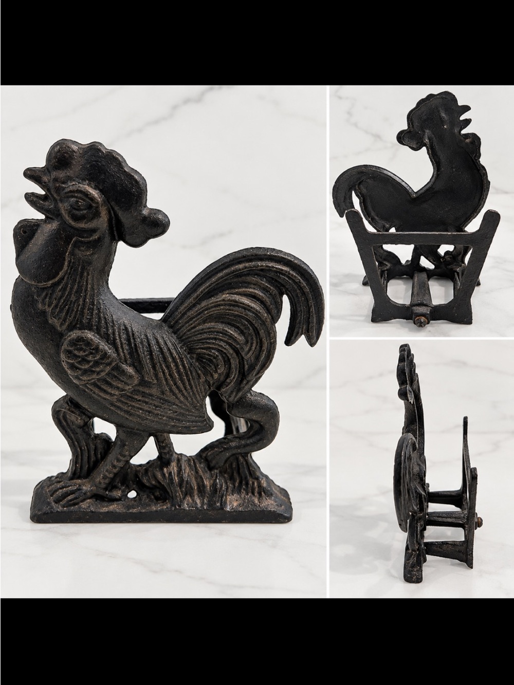 Vintage Rustic Black Rooster Cast Iron Napkin Holder adjustable mechanism